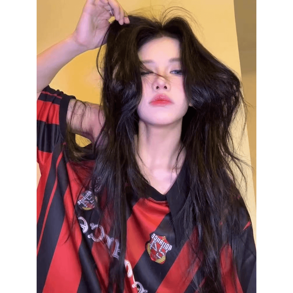 튀김 치킨 순수한 욕망 오프숄더 작은 셔츠 아메리칸 핫걸 스트라이프 저지 티셔츠 여성 ins 슬림해 보이는 비스듬한 칼라 맨위 이미지 5