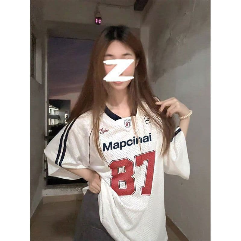 원본 원단 원본 솜씨 리브 네클라인 이후 패키지 프린트 패치워크 저지 V넥 반팔 여성 이미지 3