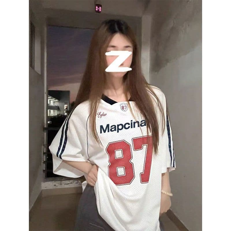원본 원단 원본 솜씨 리브 네클라인 이후 패키지 프린트 패치워크 저지 V넥 반팔 여성 상세 이미지 3