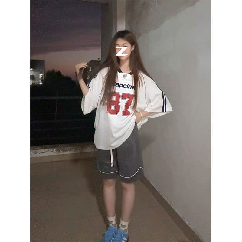 원본 원단 원본 솜씨 리브 네클라인 이후 패키지 프린트 패치워크 저지 V넥 반팔 여성 상세 이미지 5