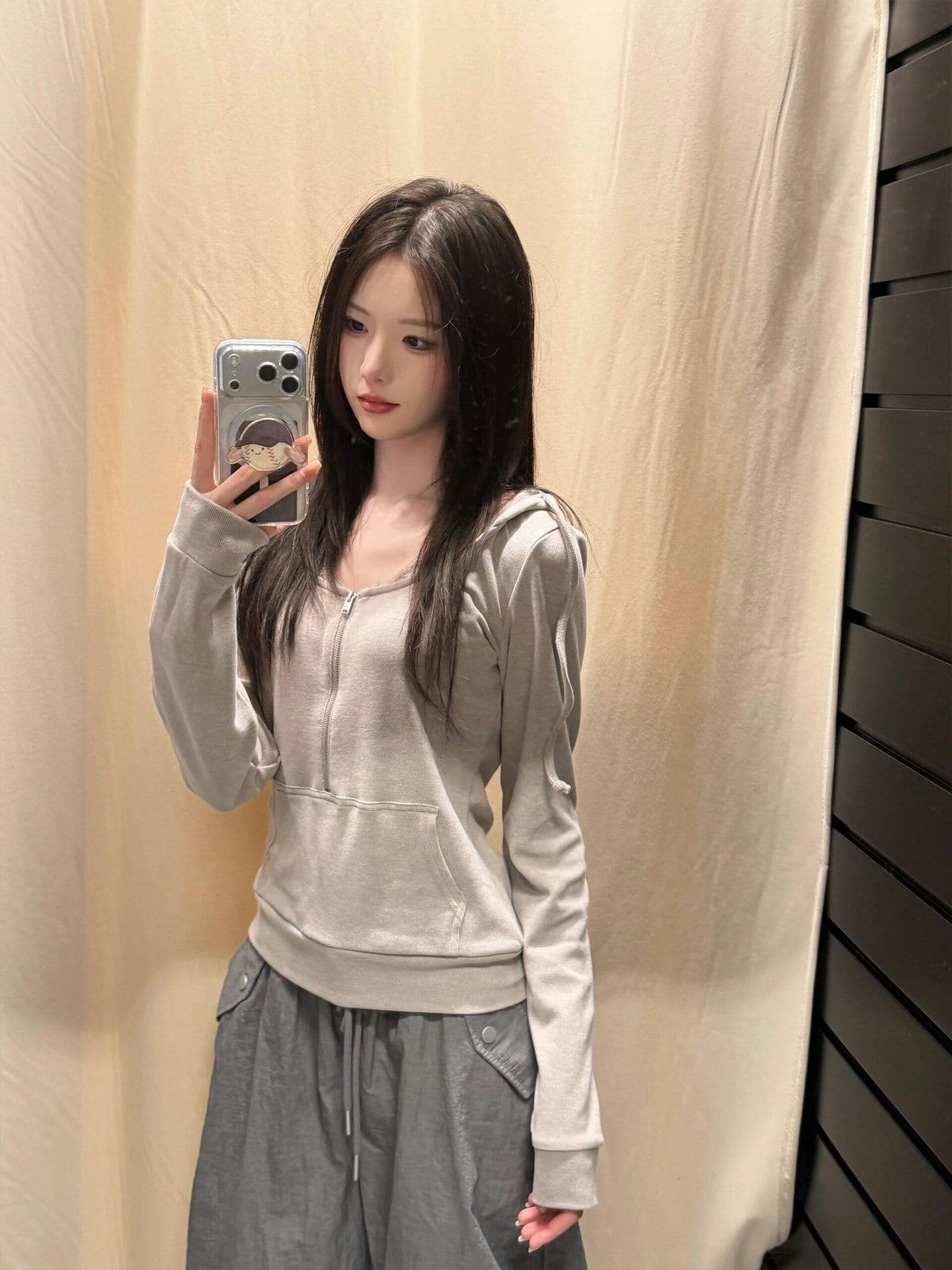 원본 원단 이른 가을 재킷 여성 셔츠 밝은 회색 색상 레이스 조각 후드 긴팔 지퍼 후드티 상세 이미지 2
