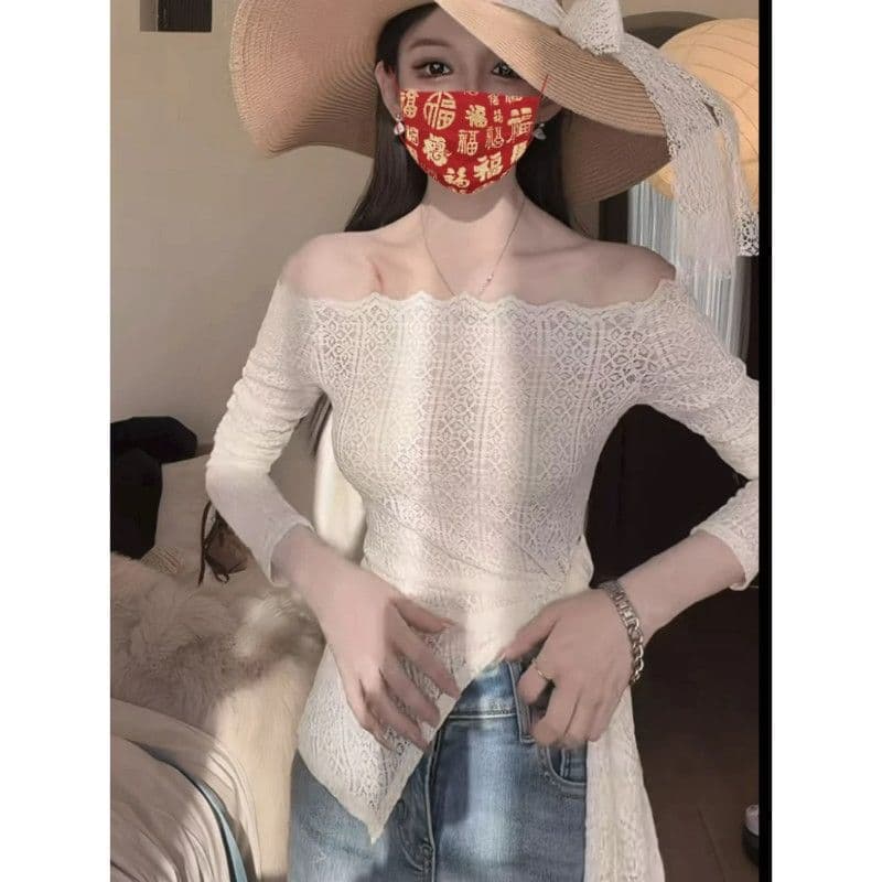 한국 스타일 패션 부드러운 바람 오프숄더 레이스 셔츠 여성 레이스 불규칙 허리 수축 스트랩 슬림해 보이는 Chic 맨위 트렌디 이미지 5