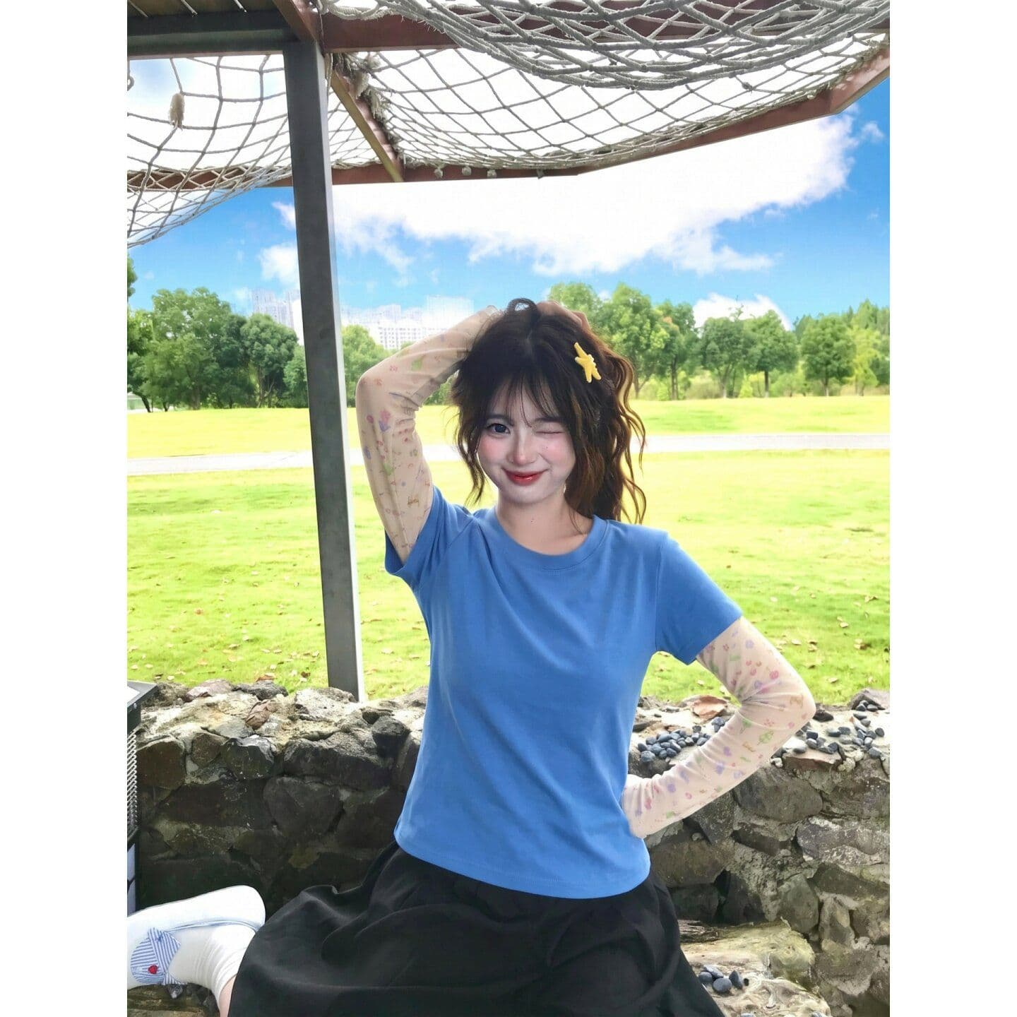 210 그램 40 좋은 면 긍정적 인 어깨 티셔츠 스택 착용 페이크 레이어드 프린트 긴팔 이미지 4