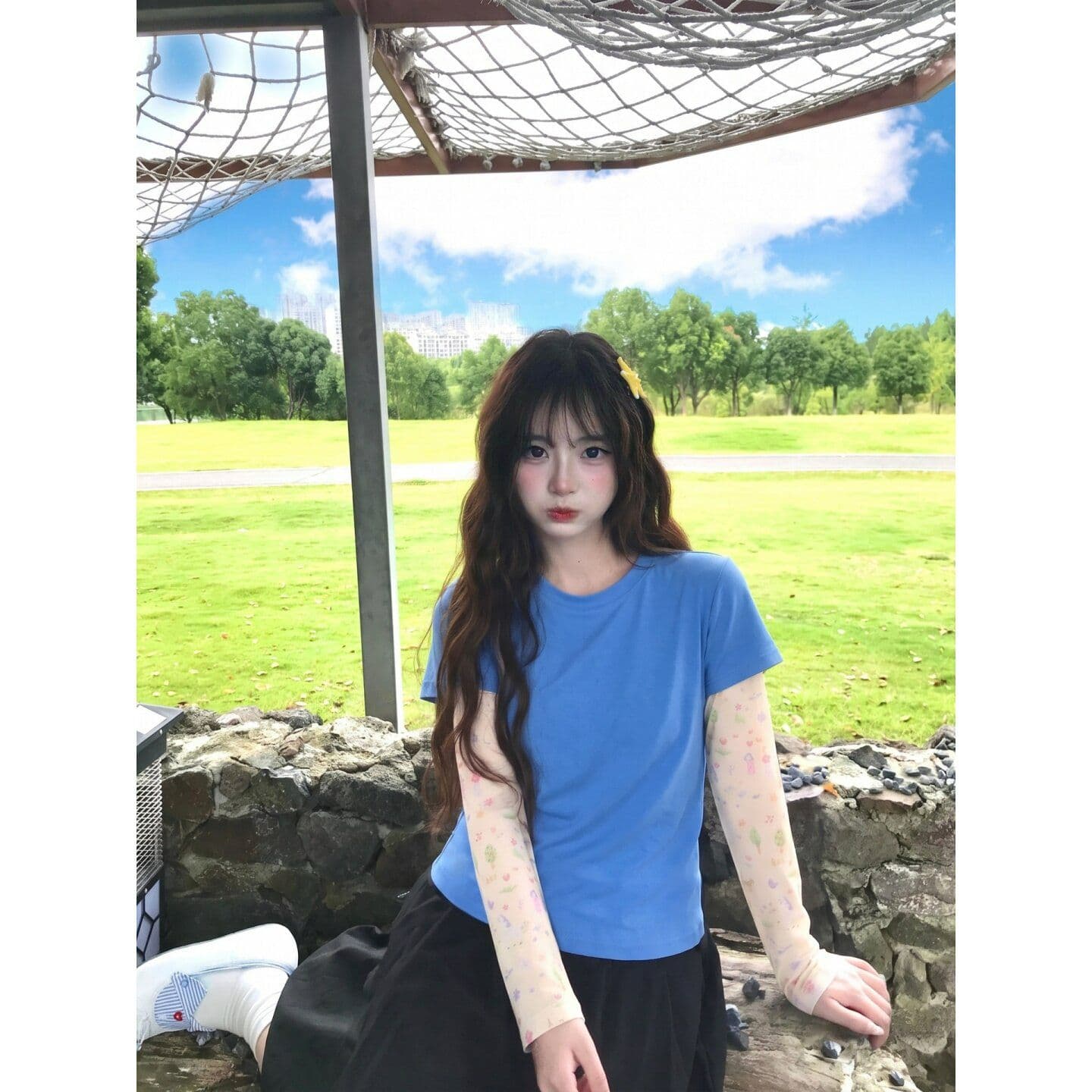 210 그램 40 좋은 면 긍정적 인 어깨 티셔츠 스택 착용 페이크 레이어드 프린트 긴팔 이미지 3