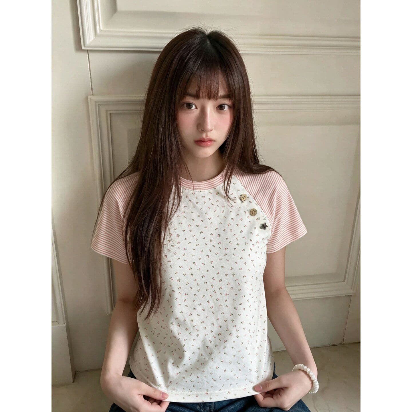 200그램 빛 럭셔리 리브 쇼트 스타일 맨위 꽃무늬 라운드 넥 삽입 어깨 소매 이미지 3
