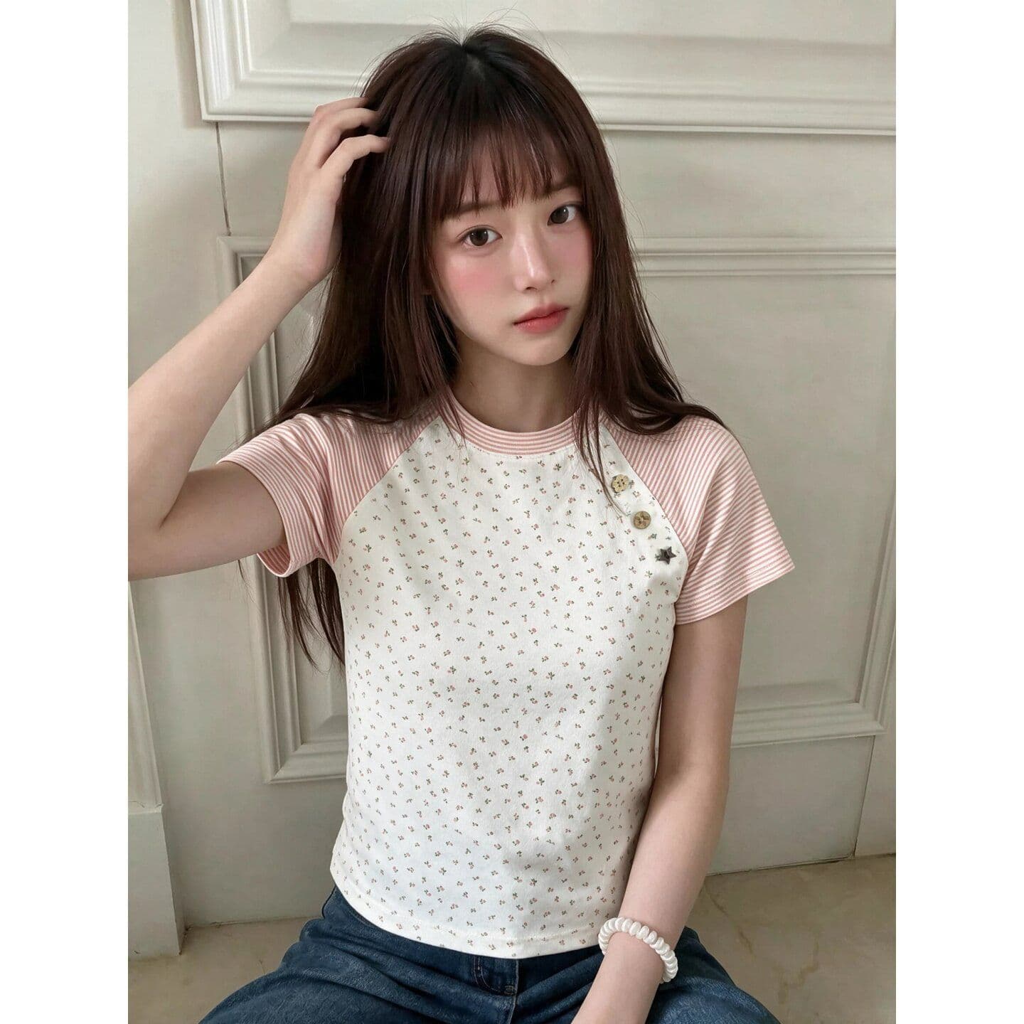 200그램 빛 럭셔리 리브 쇼트 스타일 맨위 꽃무늬 라운드 넥 삽입 어깨 소매 이미지 5