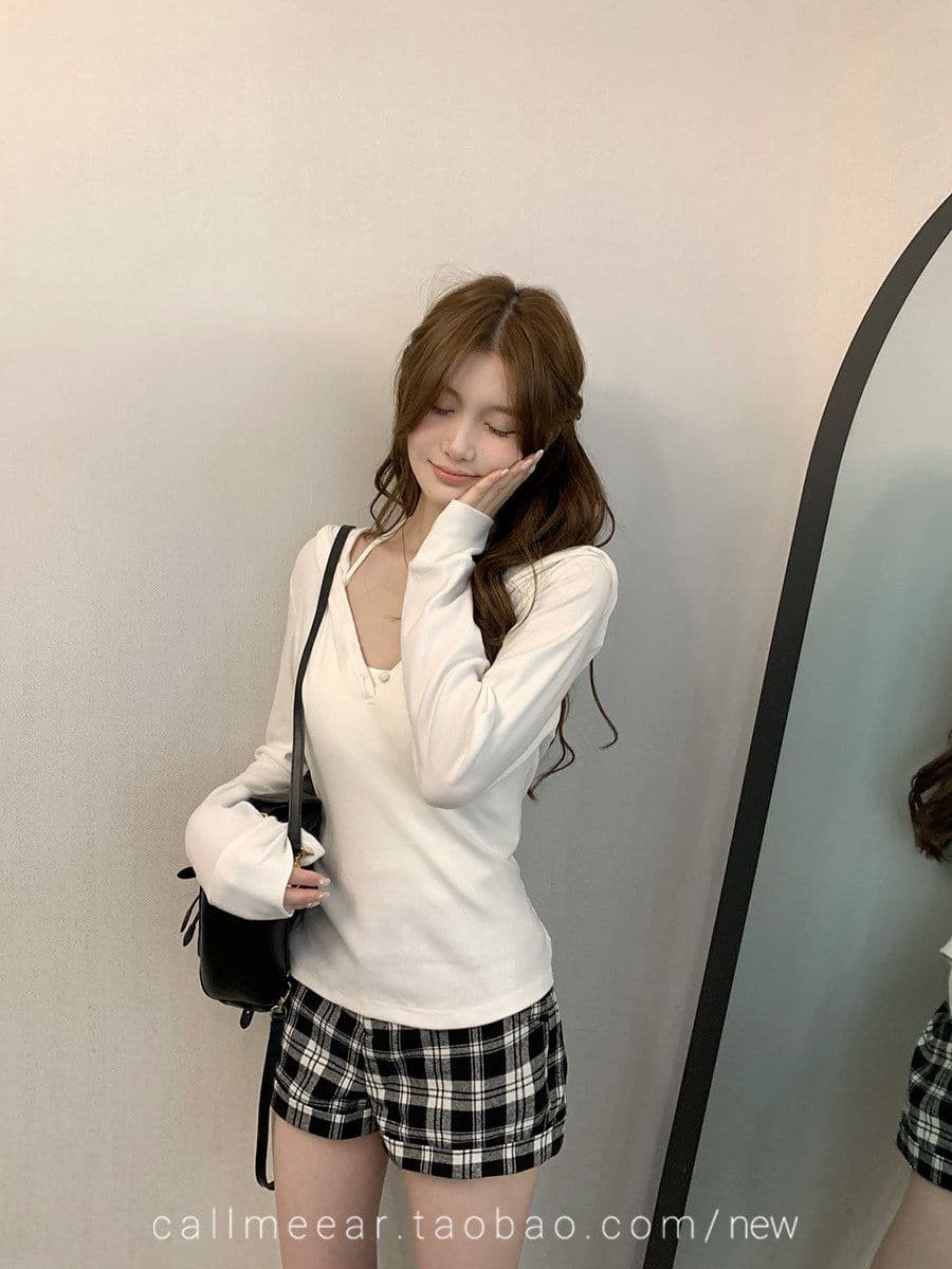 callmeear 후드 긴 소매 티셔츠 기초 다용도 긴팔 티셔츠 여성 이른 가을 캐주얼 맨위 상세 이미지 1