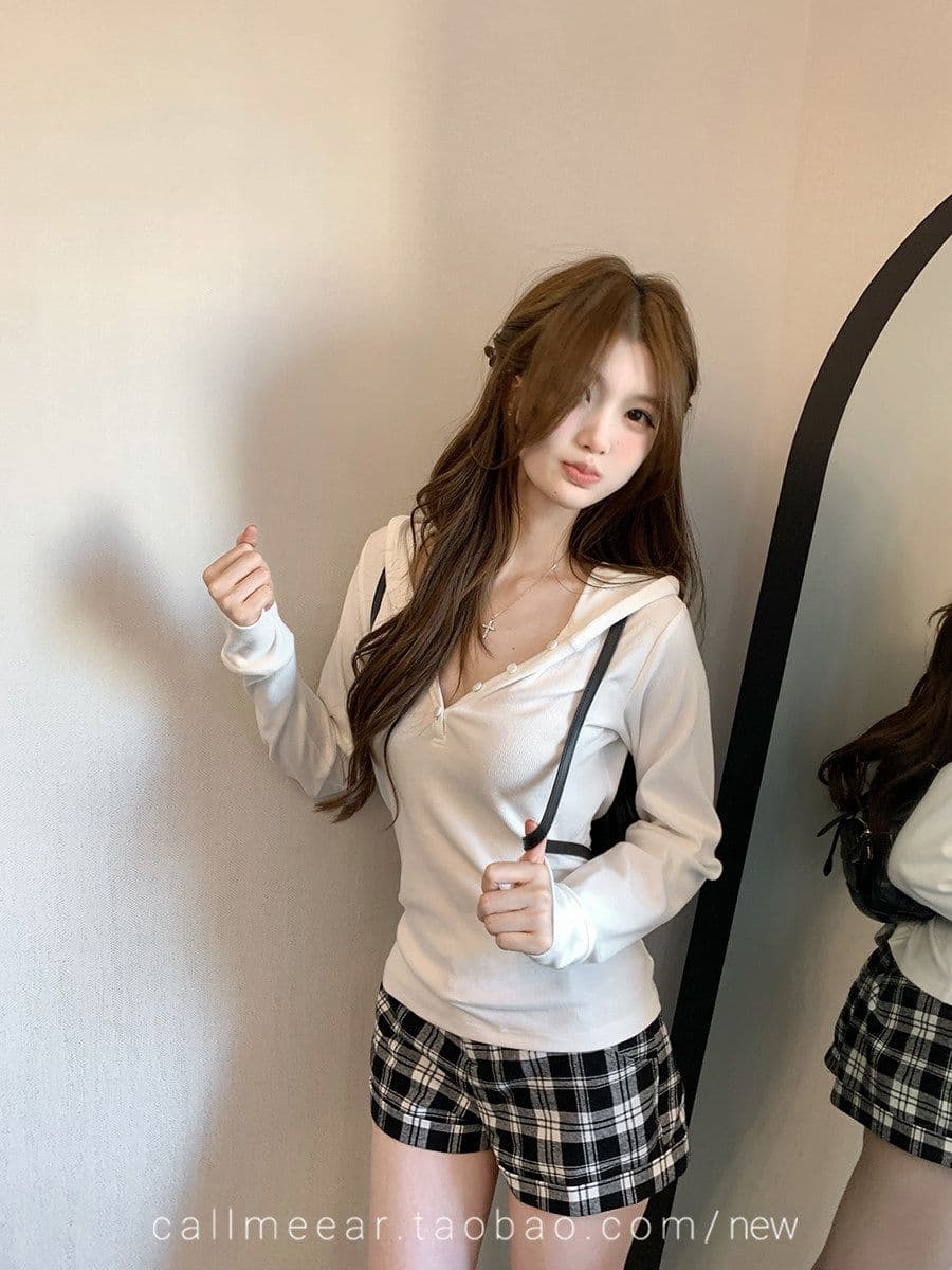 callmeear 후드 긴 소매 티셔츠 기초 다용도 긴팔 티셔츠 여성 이른 가을 캐주얼 맨위 상세 이미지 2