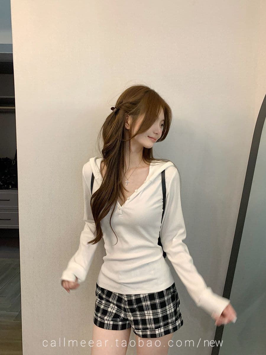callmeear 후드 긴 소매 티셔츠 기초 다용도 긴팔 티셔츠 여성 이른 가을 캐주얼 맨위 상세 이미지 3