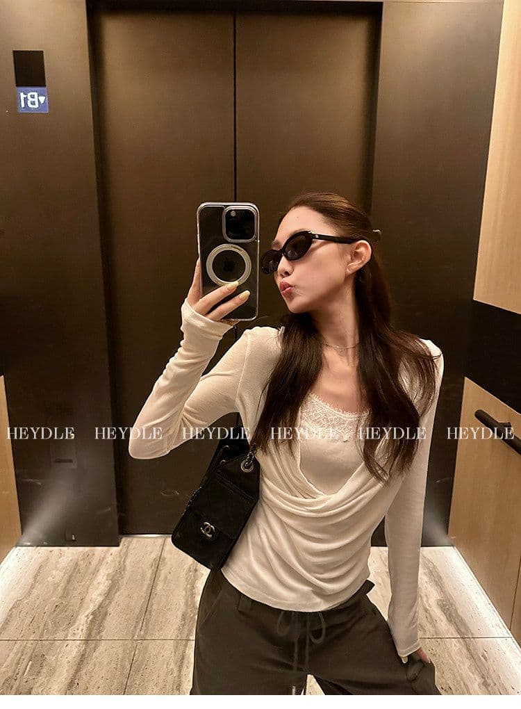 검은 콩 흠 청 치자 나무 늦게 와인 라이 경기 서울 흔들다 칼라 레이스 조각 작은 셔츠 부드러운 찹쌀 프로 피부 페이크 레이어드 맨위 여성 상세 이미지 1