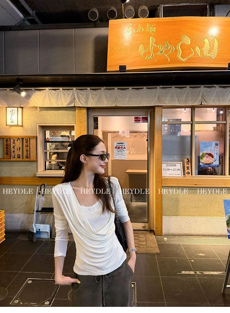 검은 콩 흠 청 치자 나무 늦게 와인 라이 경기 서울 흔들다 칼라 레이스 조각 작은 셔츠 부드러운 찹쌀 프로 피부 페이크 레이어드 맨위 여성 상세 이미지 3
