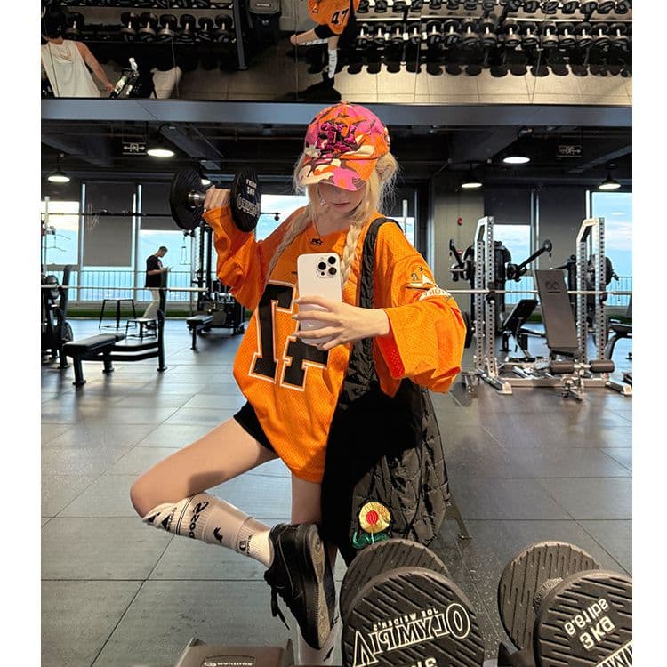 원본 메쉬 원단 47 번호 저지 아메리칸 높음 거리 알파벳 프린트 악당 잘 생긴 거리 긴팔 티셔츠 남녀 가을 이미지 2