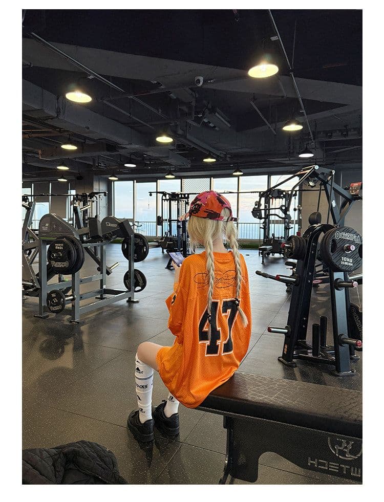 원본 메쉬 원단 47 번호 저지 아메리칸 높음 거리 알파벳 프린트 악당 잘 생긴 거리 긴팔 티셔츠 남녀 가을 상세 이미지 8