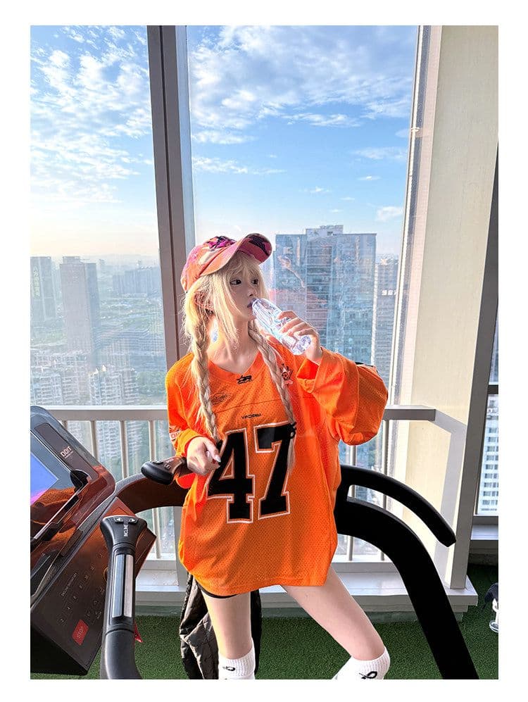 원본 메쉬 원단 47 번호 저지 아메리칸 높음 거리 알파벳 프린트 악당 잘 생긴 거리 긴팔 티셔츠 남녀 가을 상세 이미지 10