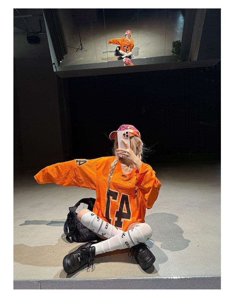 원본 메쉬 원단 47 번호 저지 아메리칸 높음 거리 알파벳 프린트 악당 잘 생긴 거리 긴팔 티셔츠 남녀 가을 상세 이미지 13