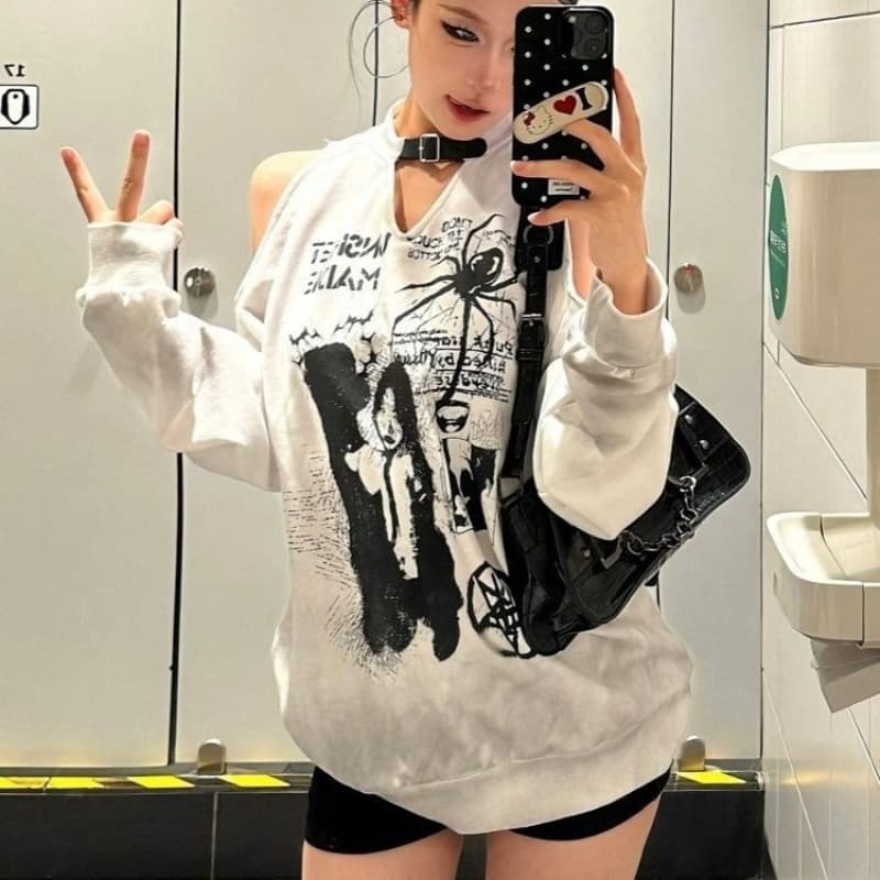 남자 바 면 원단 오프숄더 낙서 프린트 긴팔 후드티 여성 루즈핏 마 오래된 맨위 이미지 5