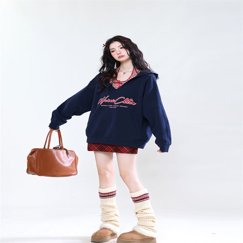 모방 Mianhua 면 복합 우유 실크 310 크 레트로 투피스 세트 행침 목 후드 티 스웨터 여성 루즈핏 재킷 이미지 2