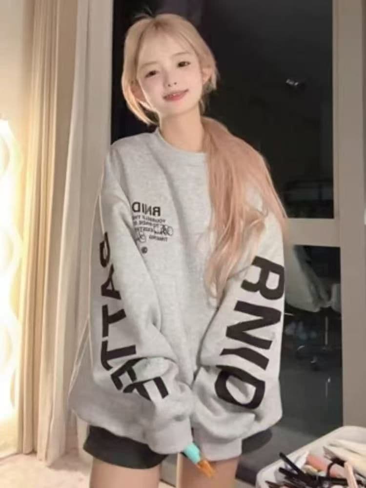 음식 털 후아 면 복합 우유 실크 은 여우 플러시 라운드 넥 프린트 후드티 여성