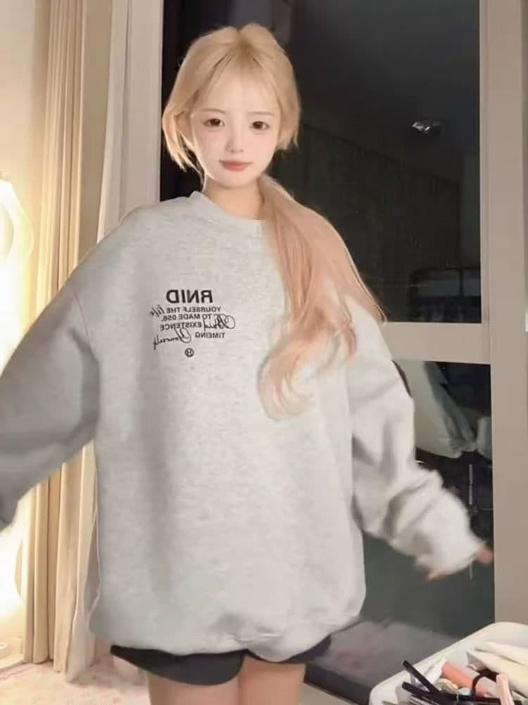 음식 털 후아 면 복합 우유 실크 은 여우 플러시 라운드 넥 프린트 후드티 여성 이미지 3