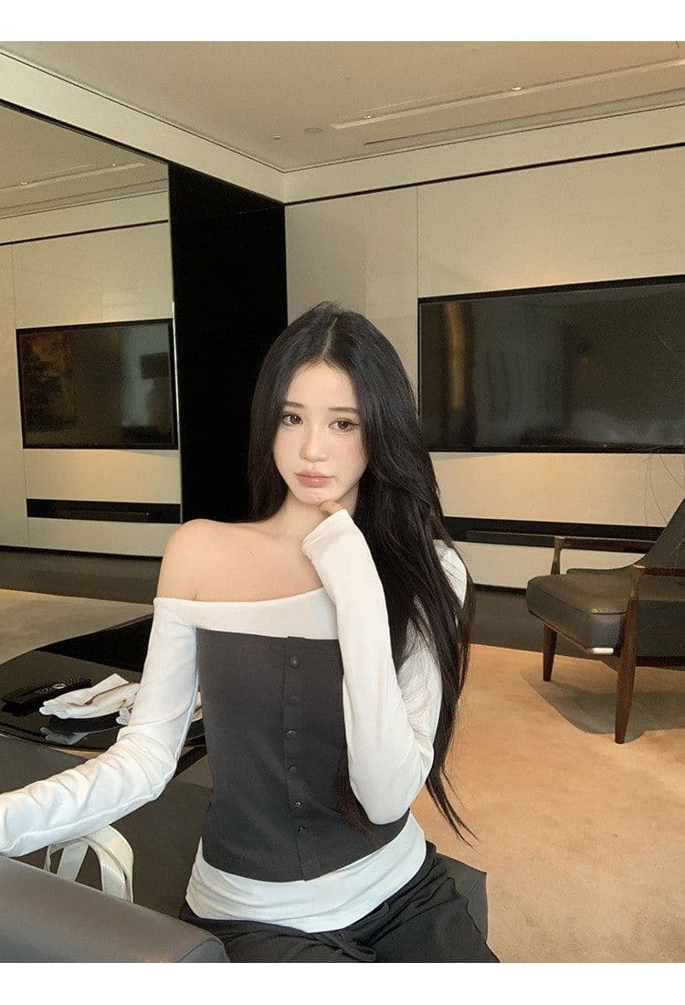 와 사고 방식 인사이드 가져 가라. 기본 셔츠 여성 가을 긴팔 티셔츠 페이크 레이어드 몸매 가꾸기 오프숄더 비스듬한 어깨 의류 상세 이미지 15