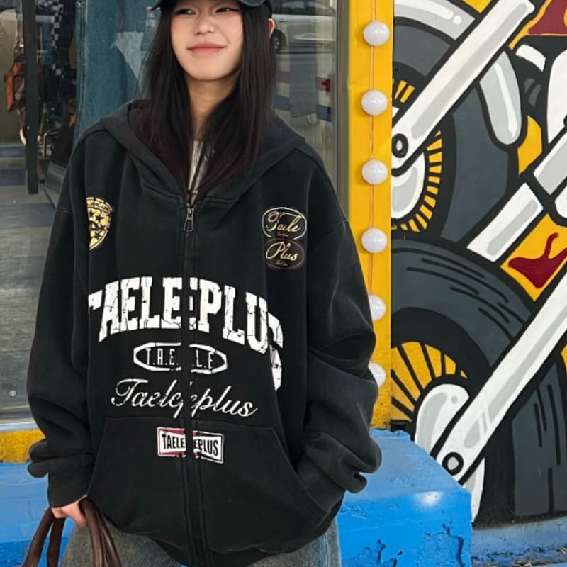아메리칸 레트로 알파벳 프린트 후드 오픈 가디건 후드티 남녀 가을 새로운 루즈핏 다용도 캐주얼 지퍼 재킷 이미지 5