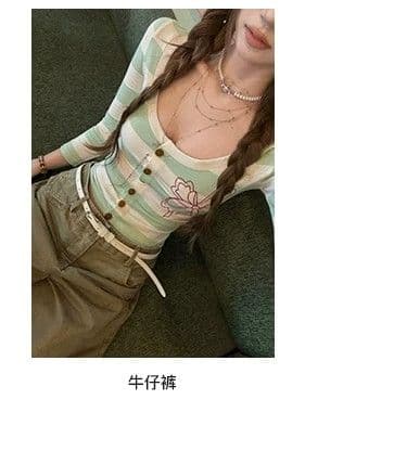 원본 원단 따뜻한 티 메모 라운드 넥 스트라이프 프린트 티셔츠 여성 몸매 가꾸기 슬림해 보이는 7부 소매 오픈 가디건 맨위 가을 상세 이미지 6