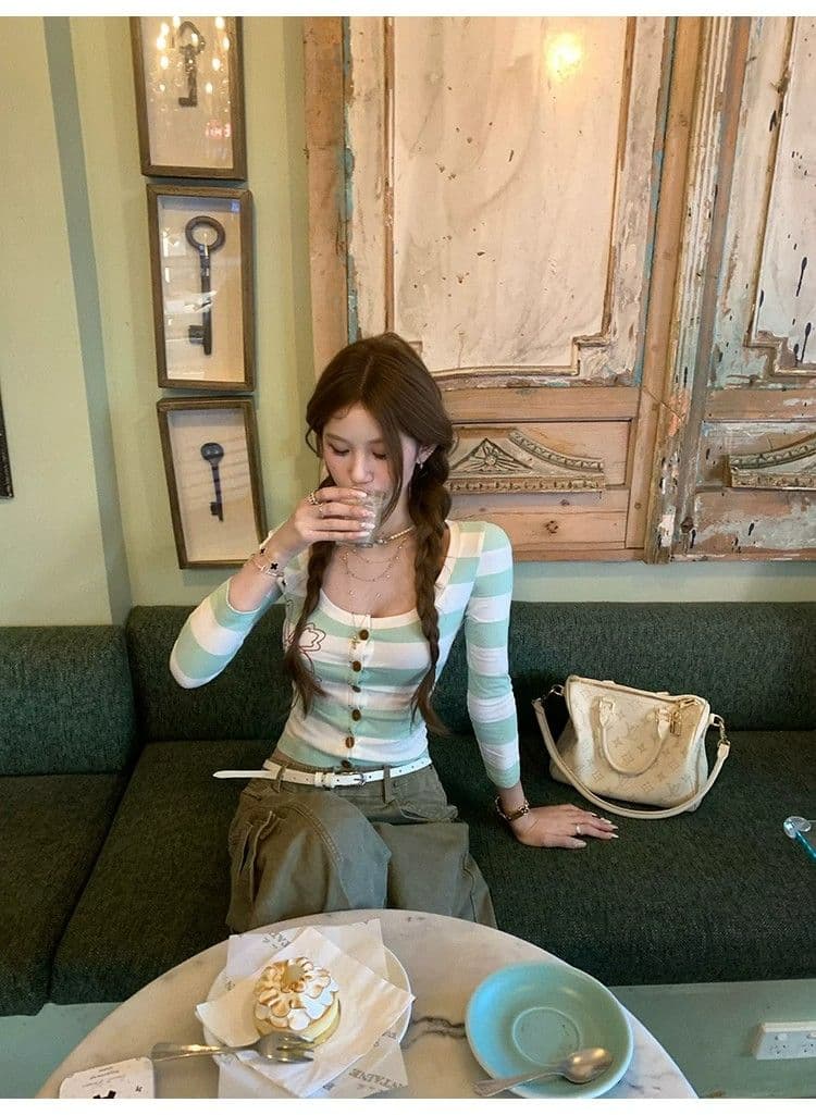 원본 원단 따뜻한 티 메모 라운드 넥 스트라이프 프린트 티셔츠 여성 몸매 가꾸기 슬림해 보이는 7부 소매 오픈 가디건 맨위 가을 상세 이미지 9