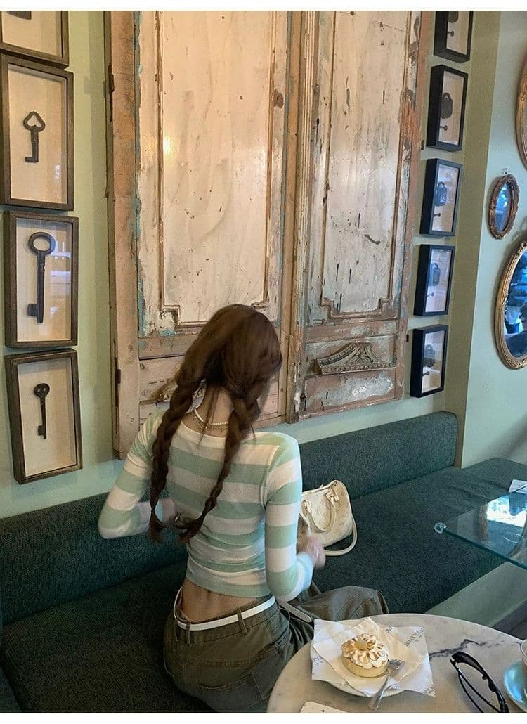 원본 원단 따뜻한 티 메모 라운드 넥 스트라이프 프린트 티셔츠 여성 몸매 가꾸기 슬림해 보이는 7부 소매 오픈 가디건 맨위 가을 상세 이미지 11