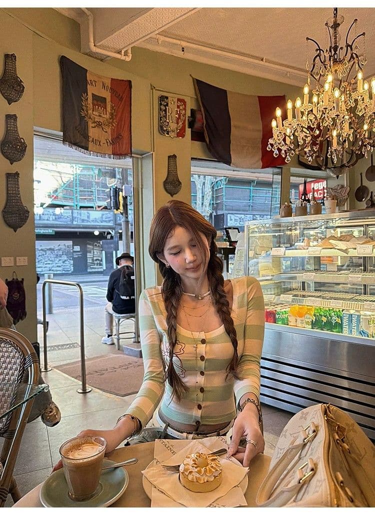 원본 원단 따뜻한 티 메모 라운드 넥 스트라이프 프린트 티셔츠 여성 몸매 가꾸기 슬림해 보이는 7부 소매 오픈 가디건 맨위 가을 상세 이미지 12