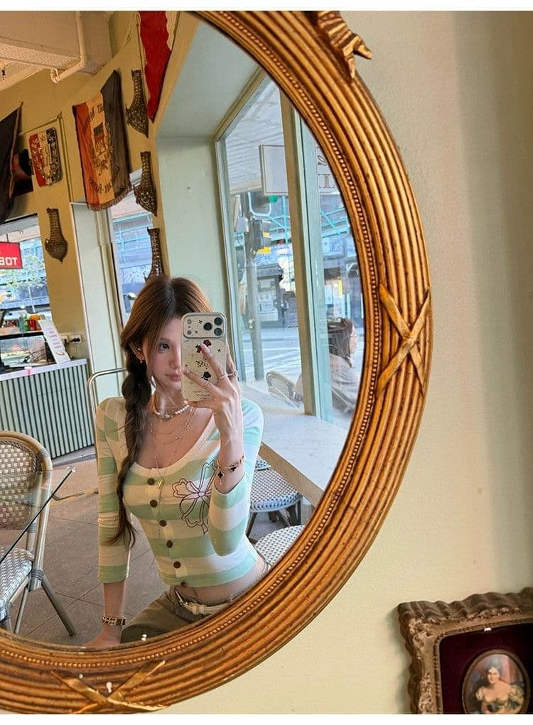 원본 원단 따뜻한 티 메모 라운드 넥 스트라이프 프린트 티셔츠 여성 몸매 가꾸기 슬림해 보이는 7부 소매 오픈 가디건 맨위 가을 상세 이미지 16