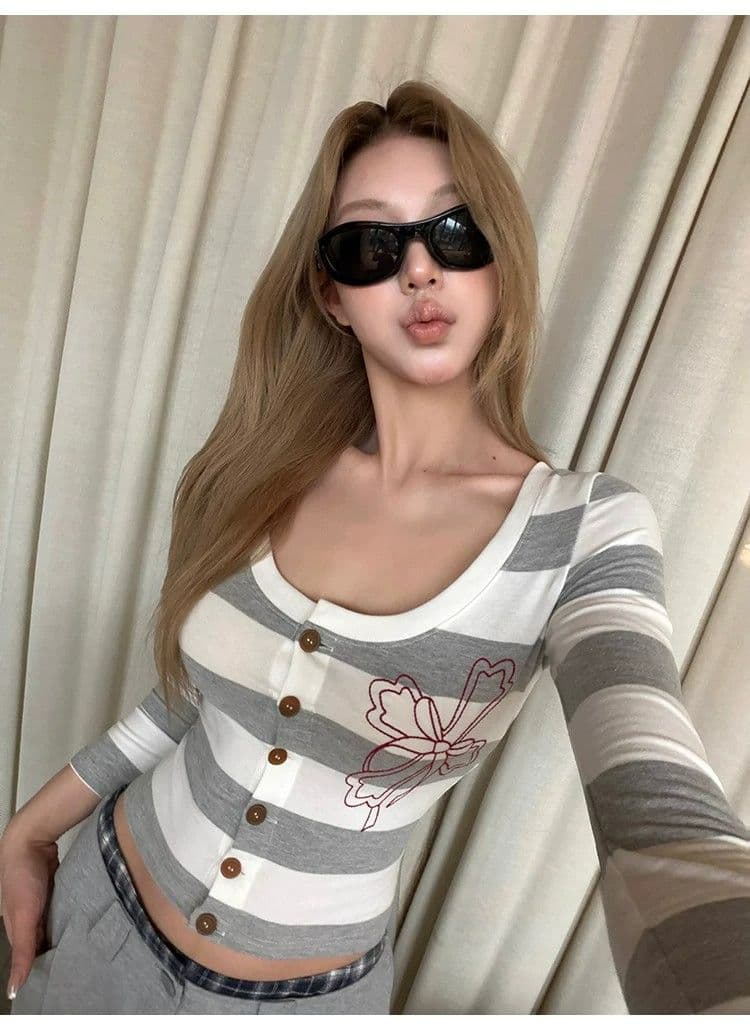 원본 원단 따뜻한 티 메모 라운드 넥 스트라이프 프린트 티셔츠 여성 몸매 가꾸기 슬림해 보이는 7부 소매 오픈 가디건 맨위 가을 상세 이미지 21