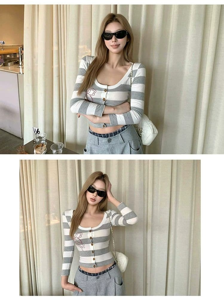 원본 원단 따뜻한 티 메모 라운드 넥 스트라이프 프린트 티셔츠 여성 몸매 가꾸기 슬림해 보이는 7부 소매 오픈 가디건 맨위 가을 상세 이미지 22