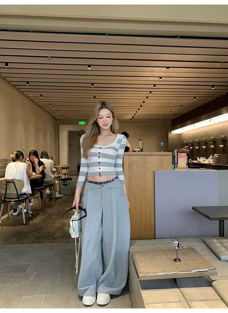 원본 원단 따뜻한 티 메모 라운드 넥 스트라이프 프린트 티셔츠 여성 몸매 가꾸기 슬림해 보이는 7부 소매 오픈 가디건 맨위 가을 상세 이미지 26