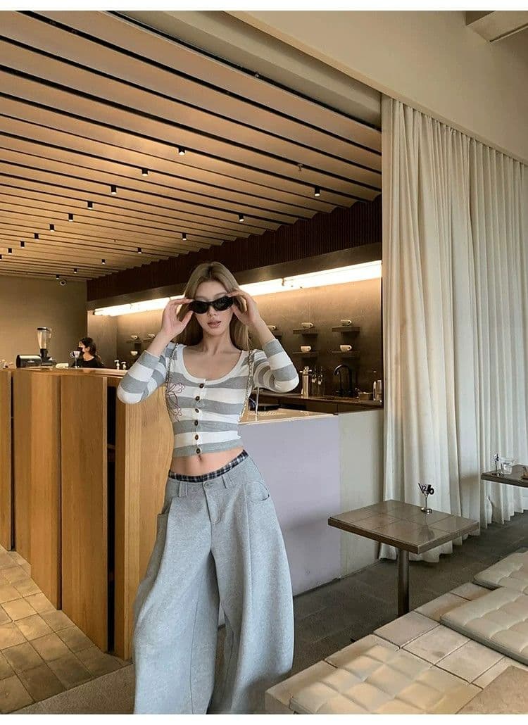 원본 원단 따뜻한 티 메모 라운드 넥 스트라이프 프린트 티셔츠 여성 몸매 가꾸기 슬림해 보이는 7부 소매 오픈 가디건 맨위 가을 상세 이미지 27