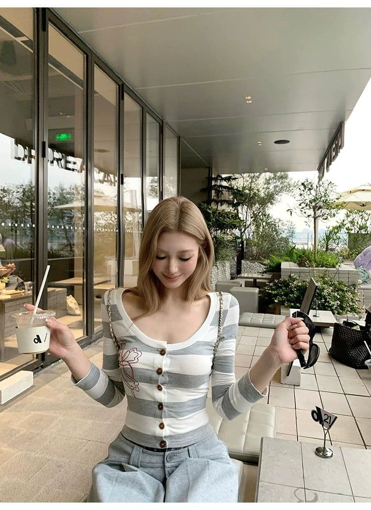 원본 원단 따뜻한 티 메모 라운드 넥 스트라이프 프린트 티셔츠 여성 몸매 가꾸기 슬림해 보이는 7부 소매 오픈 가디건 맨위 가을 상세 이미지 30