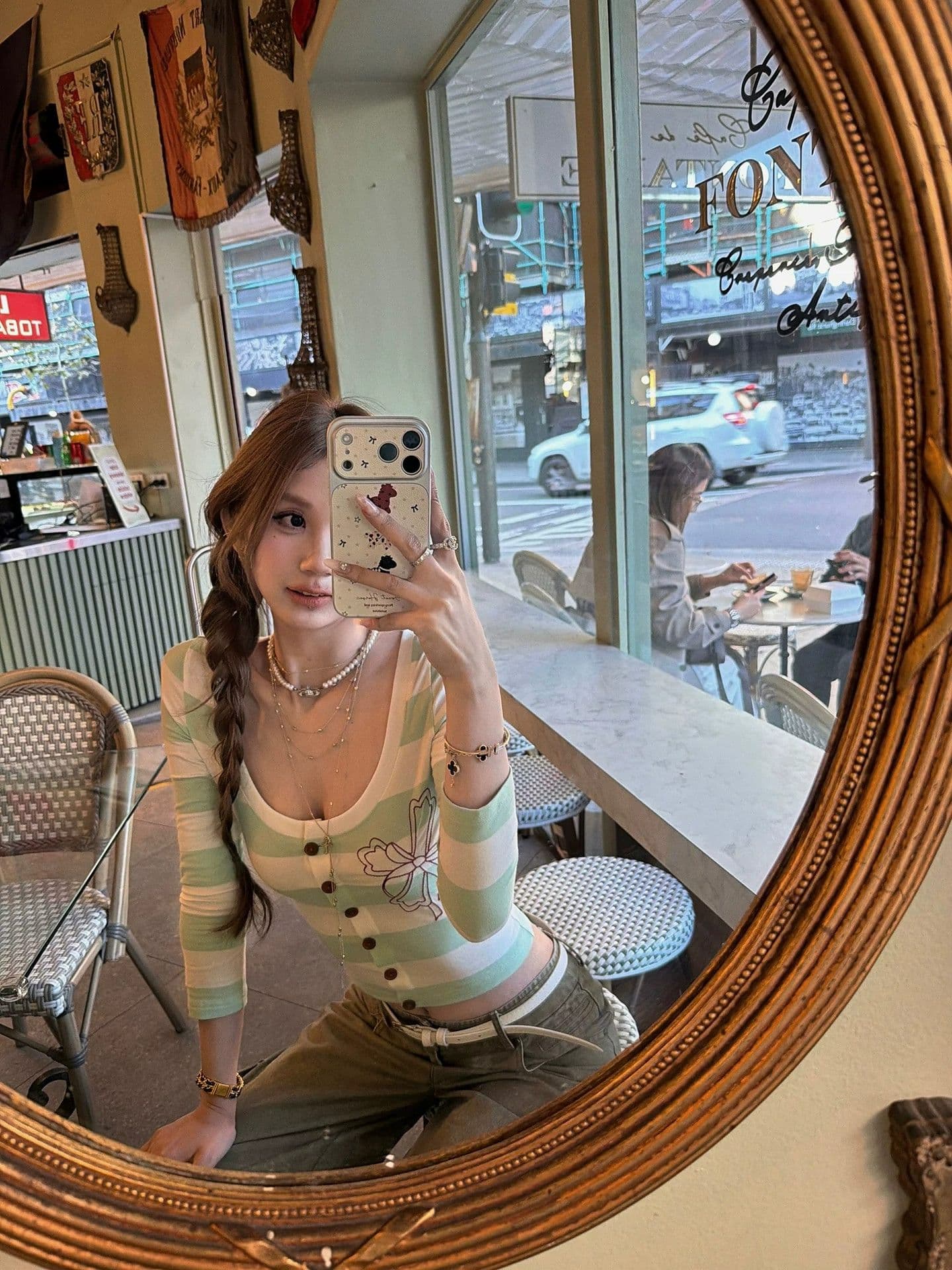 원본 원단 따뜻한 티 메모 라운드 넥 스트라이프 프린트 티셔츠 여성 몸매 가꾸기 슬림해 보이는 7부 소매 오픈 가디건 맨위 가을 상세 이미지 34