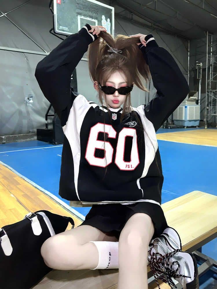 원본 셔틀 제직 원단 아메리칸 배색 패치워크 알파벳 프린트 루즈핏 운동 후드티 긴팔 맨위 여성 봄 가을 상세 이미지 3
