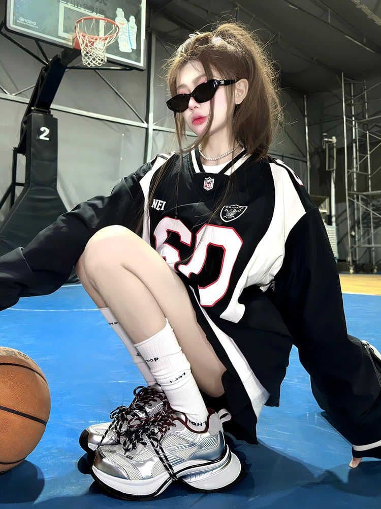 원본 셔틀 제직 원단 아메리칸 배색 패치워크 알파벳 프린트 루즈핏 운동 후드티 긴팔 맨위 여성 봄 가을 상세 이미지 4