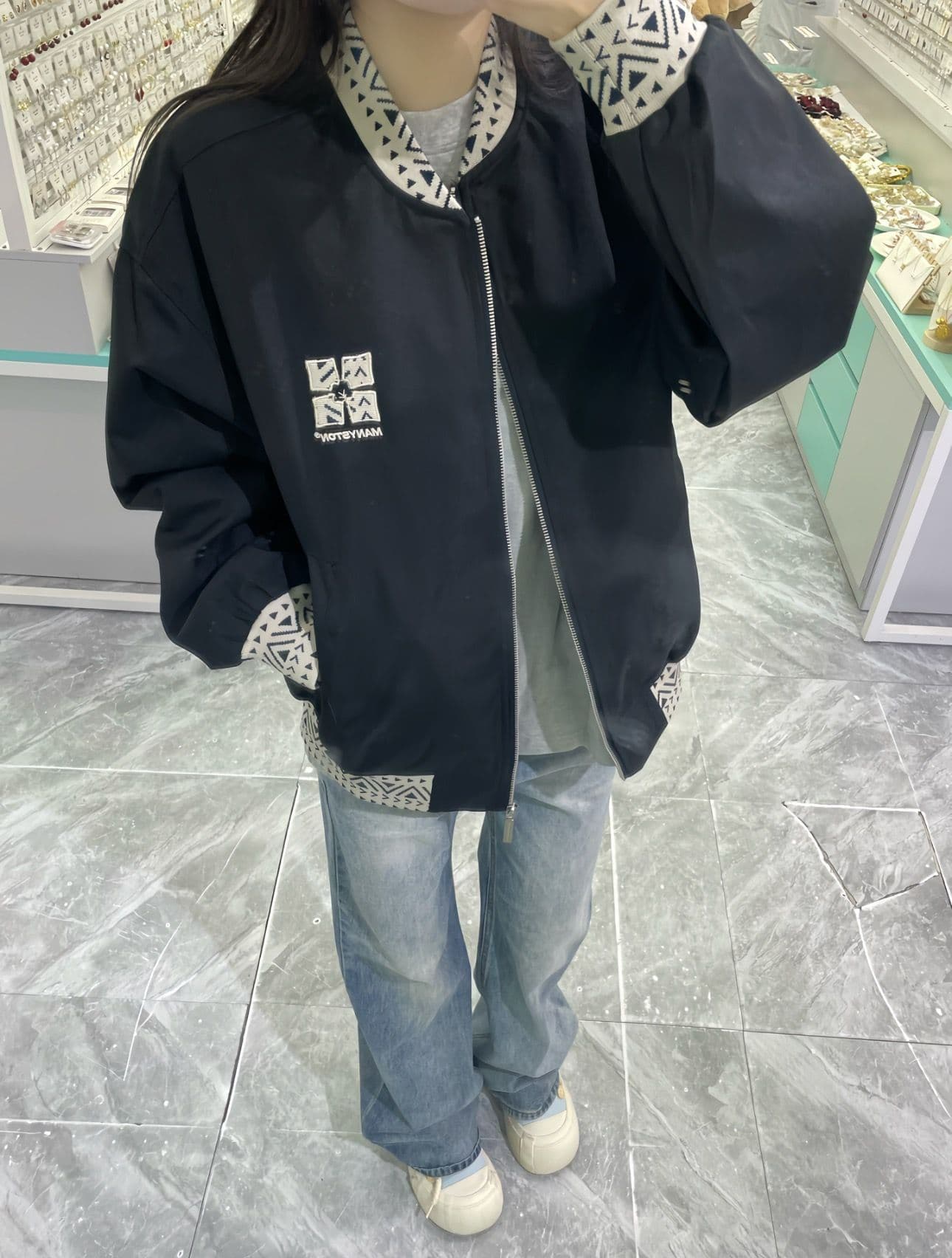 원본 컬러 짜임 리브 구두 자수 네리 Chic 루즈핏 야구 외투 상세 이미지 1