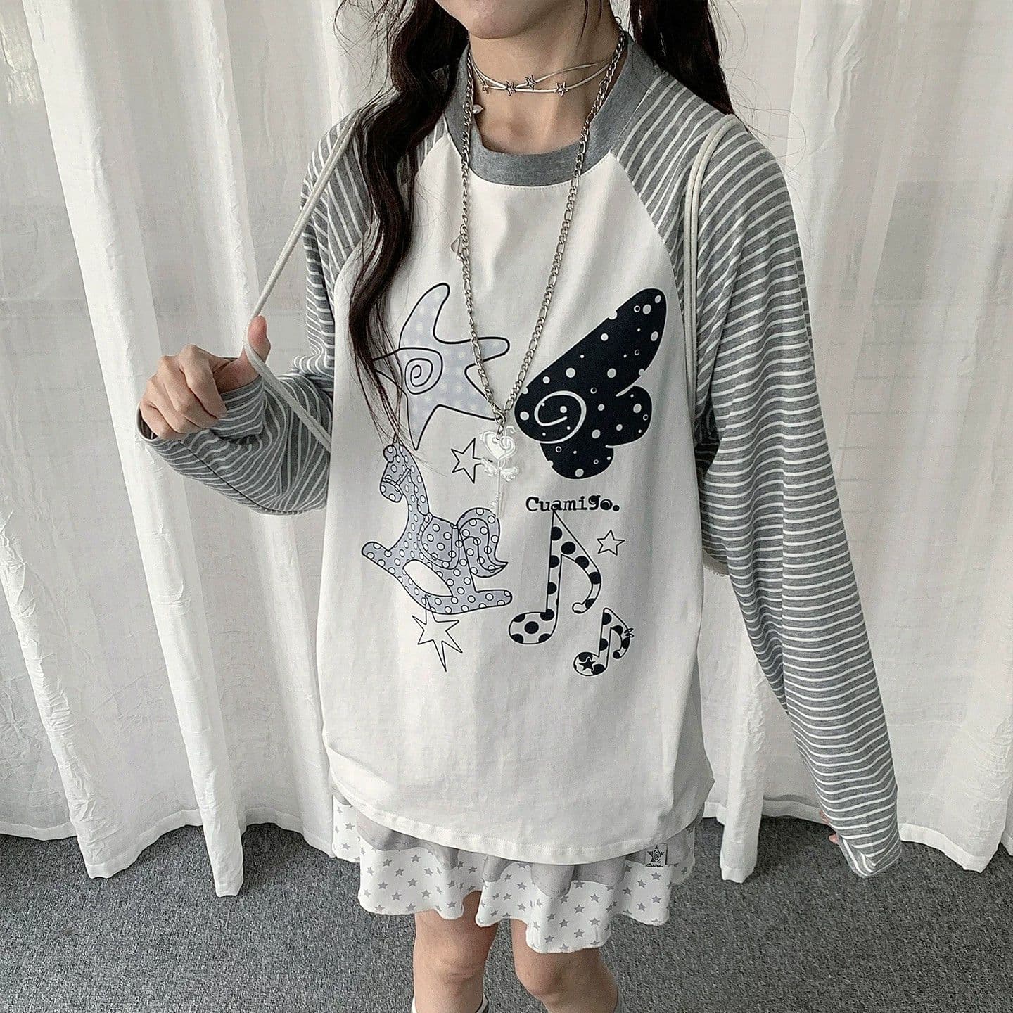 광저우 눈꽃 면 패치워크 컬러 짜임 스트라이프 천 만화 프린트 얇은 스타일 마이크로 ~을 통해 긴팔 봄 가을 티셔츠 기본 셔츠 여성 이미지 4