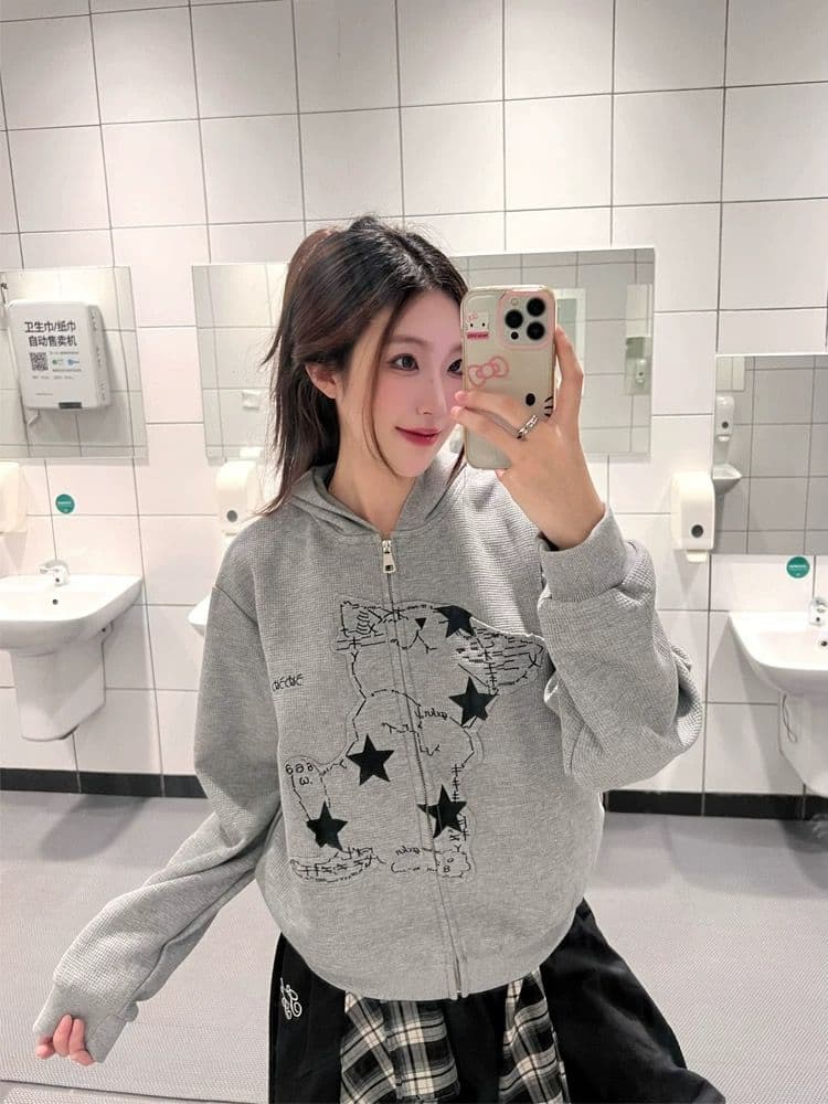 아메리칸 후아 남편 그리드 새끼 고양이 귀 후드 티 스웨터 여성 코트 가을 루즈핏 느긋한 바람 오픈 가디건 맨위