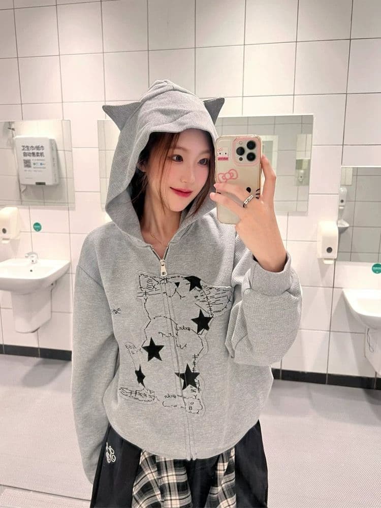 아메리칸 후아 남편 그리드 새끼 고양이 귀 후드 티 스웨터 여성 코트 가을 루즈핏 느긋한 바람 오픈 가디건 맨위 상세 이미지 2