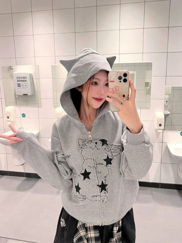 아메리칸 후아 남편 그리드 새끼 고양이 귀 후드 티 스웨터 여성 코트 가을 루즈핏 느긋한 바람 오픈 가디건 맨위 상세 이미지 3