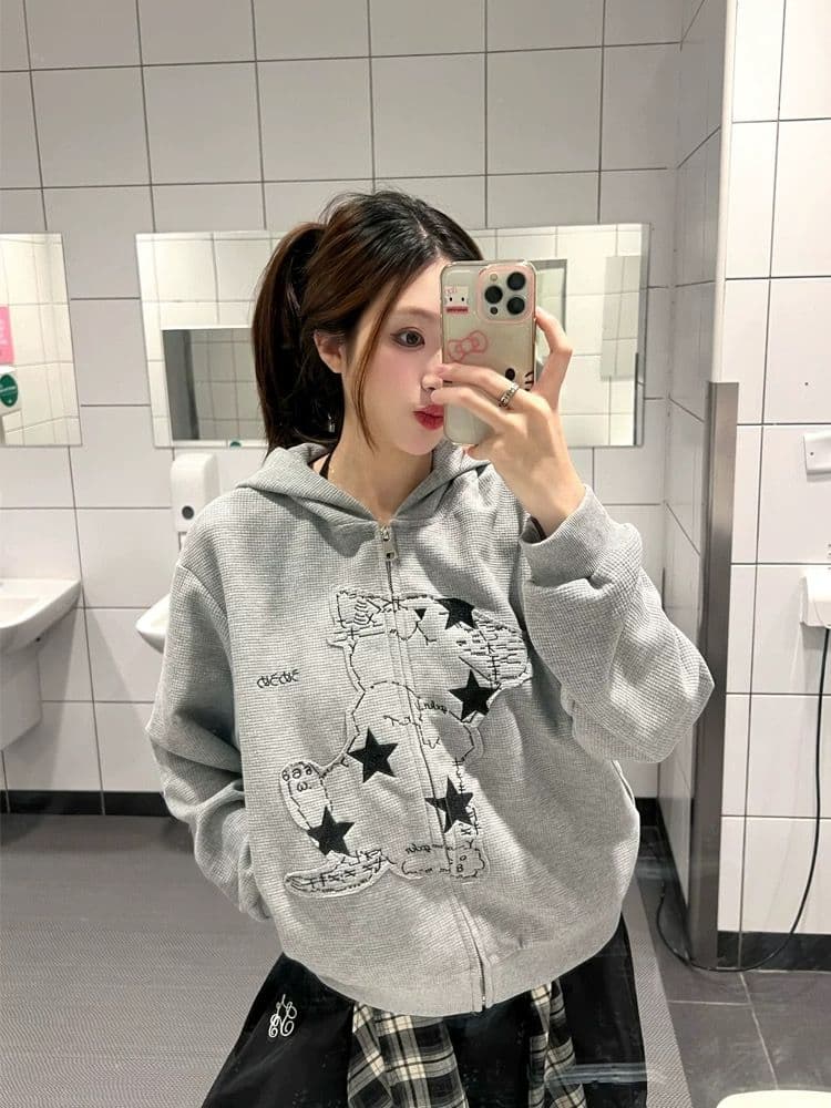아메리칸 후아 남편 그리드 새끼 고양이 귀 후드 티 스웨터 여성 코트 가을 루즈핏 느긋한 바람 오픈 가디건 맨위 상세 이미지 5