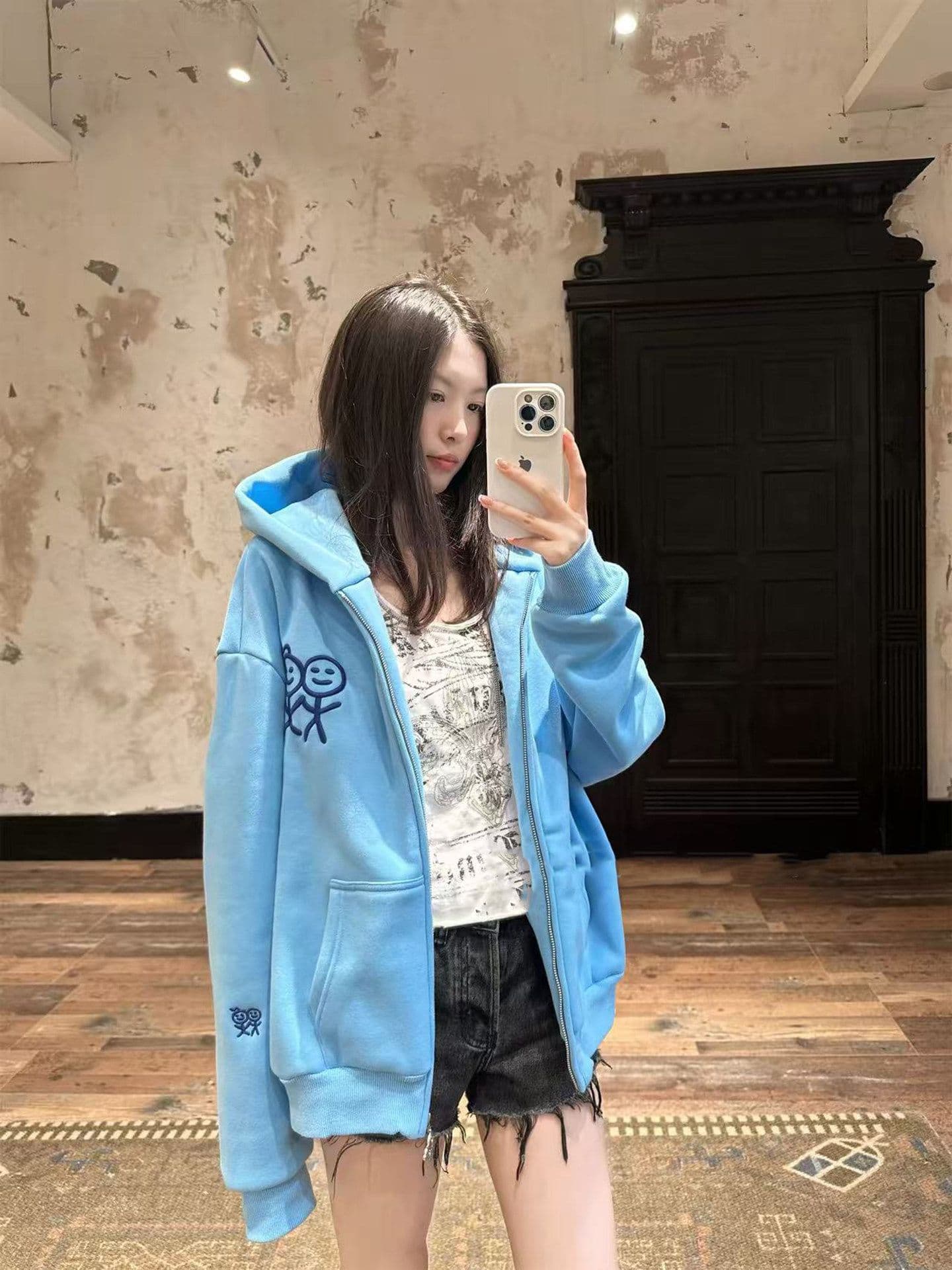 후아 면 복합 가을 겨울 지퍼 후드 티 스웨터 재킷 신선함 파란색 경기 사람들 달콤한 차가운 맨위 트렌디 상세 이미지 3