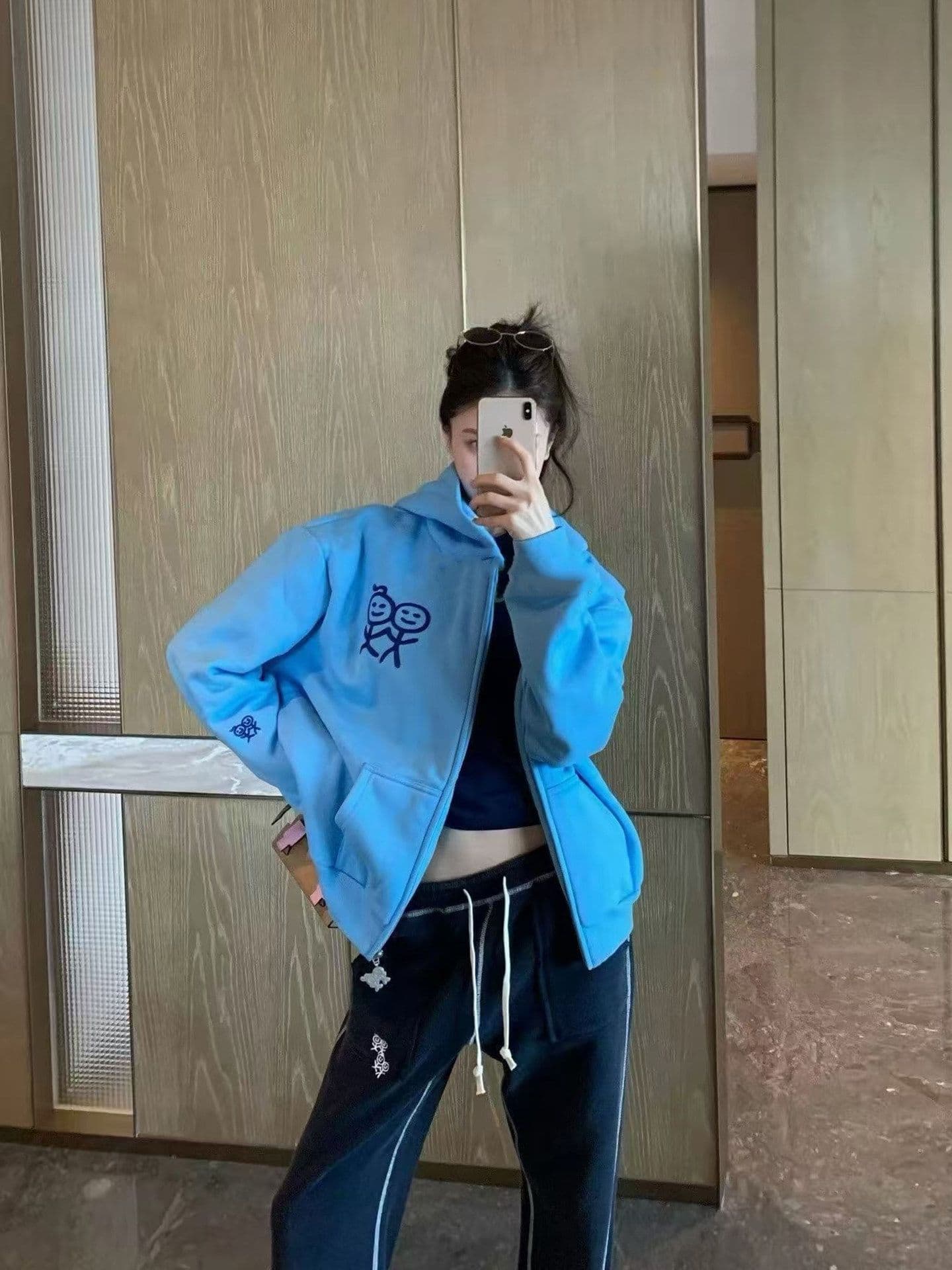 후아 면 복합 가을 겨울 지퍼 후드 티 스웨터 재킷 신선함 파란색 경기 사람들 달콤한 차가운 맨위 트렌디 상세 이미지 4