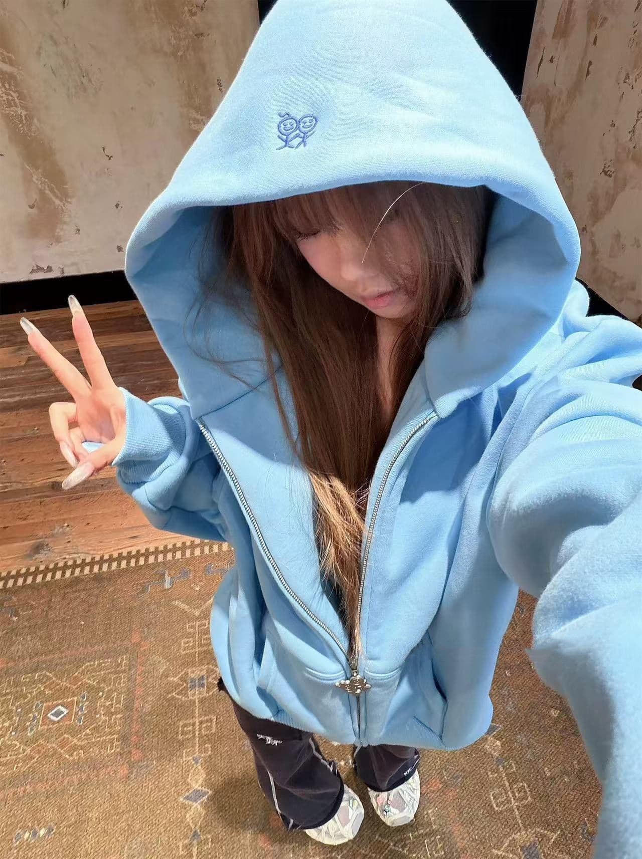 후아 면 복합 가을 겨울 지퍼 후드 티 스웨터 재킷 신선함 파란색 경기 사람들 달콤한 차가운 맨위 트렌디 상세 이미지 8