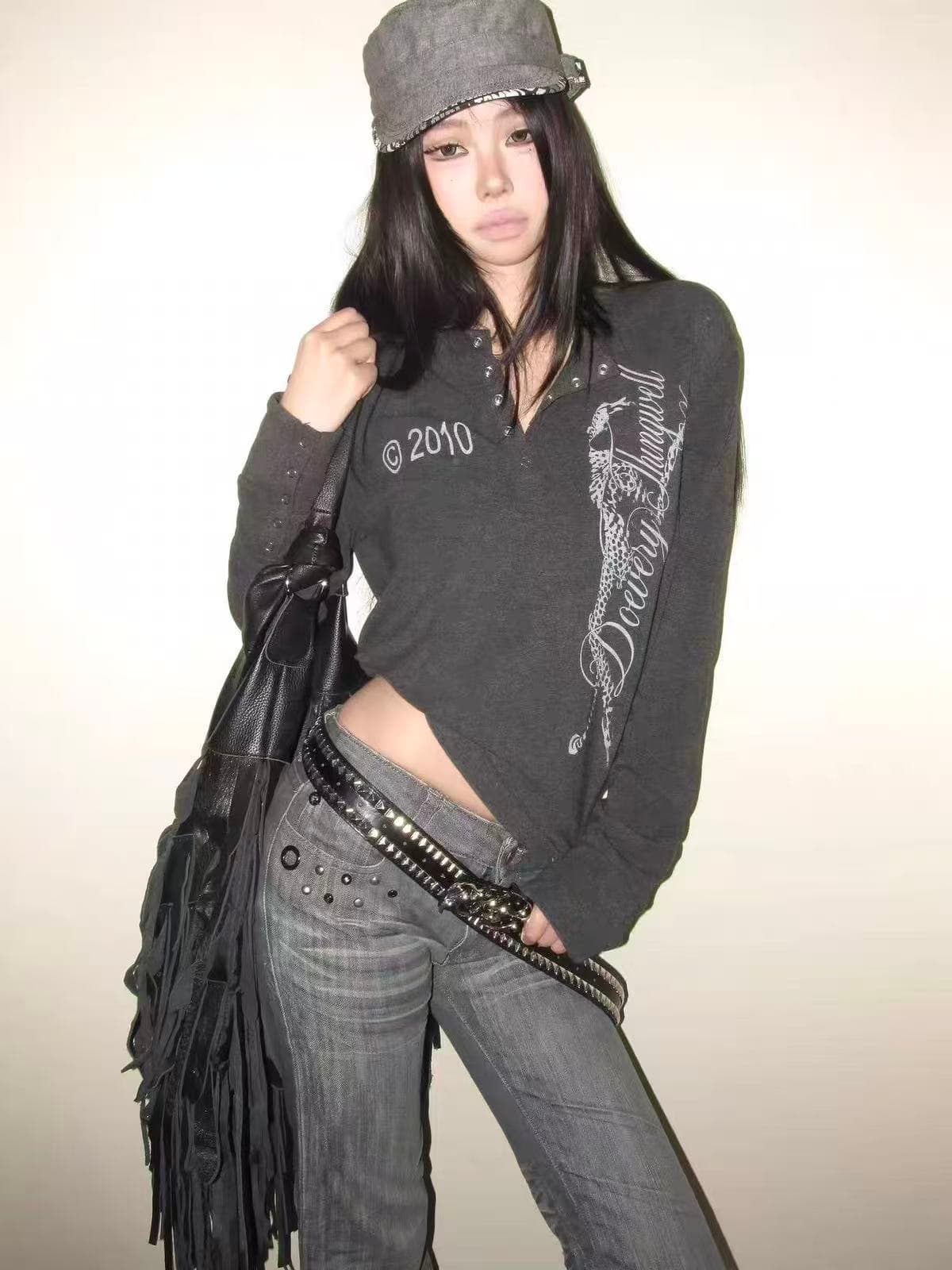 아메리칸 레트로 헨리 칼라 긴팔 티셔츠 남녀 루즈핏 거리 조수 브랜드 디자인 센스 작은 대중 기본 셔츠 빛 아시아 인 y2k