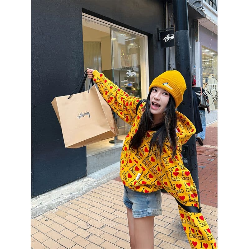 320g 모방 Mianhua 면 원단 아메리칸 하트 프린트 긴팔 오픈 가디건 후드티 남녀 후드 커플 재킷 가을 상세 이미지 4