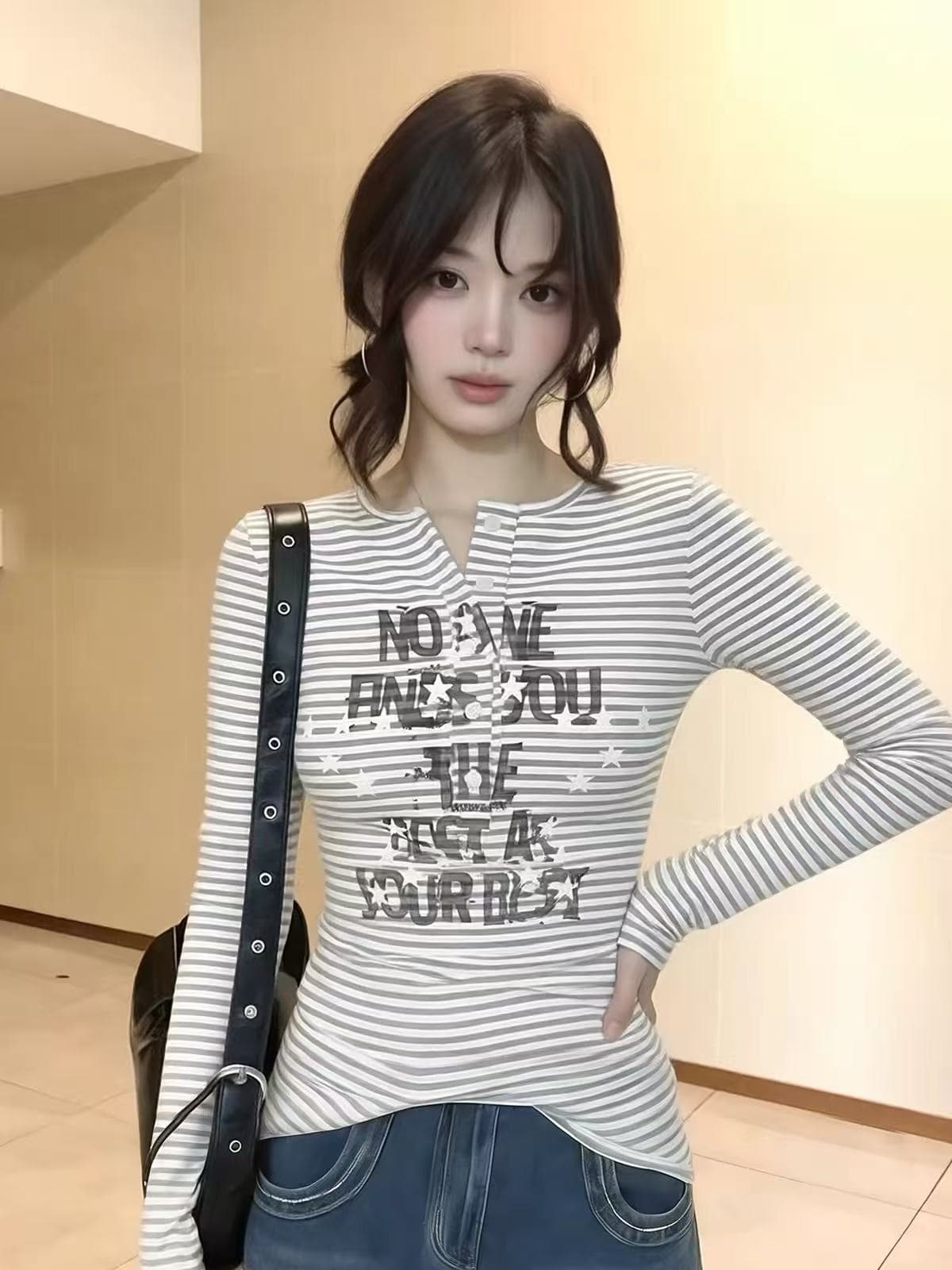 240 그램 면 리브 아메리칸 스트라이프 프린트 긴팔 티셔츠 여성 몸매 가꾸기 기본 셔츠 위아래로 둘 착용 상세 이미지 1